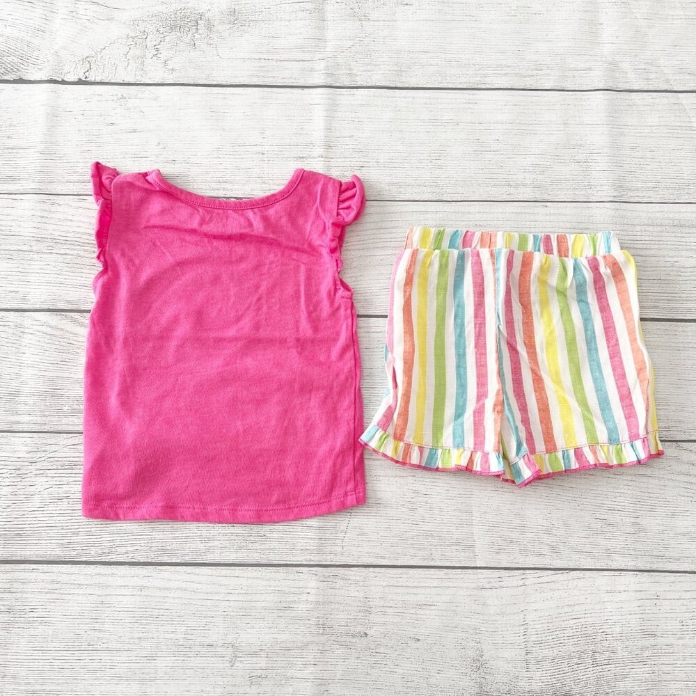 Trolls Toddler Girl 2-Piece Outfit Set Graphic Top & Rainbow Stripe Shorts 2T - Picture 4 of 4